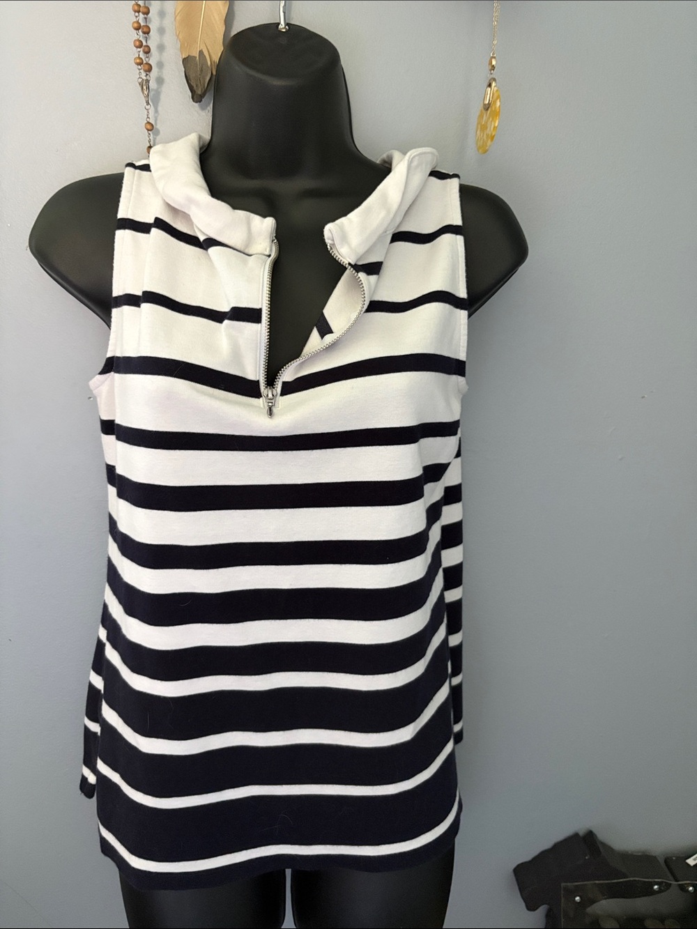 Talbots Black & White Striped Zip-Front Tank